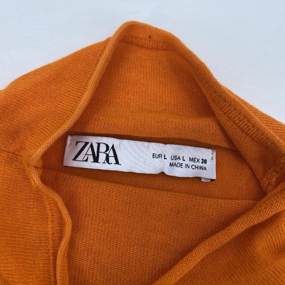 Zara Size L Ruched Long Sleeve Knit Cropped Top Orange Mock Neck Viscose Linen - Picture 3 of 12